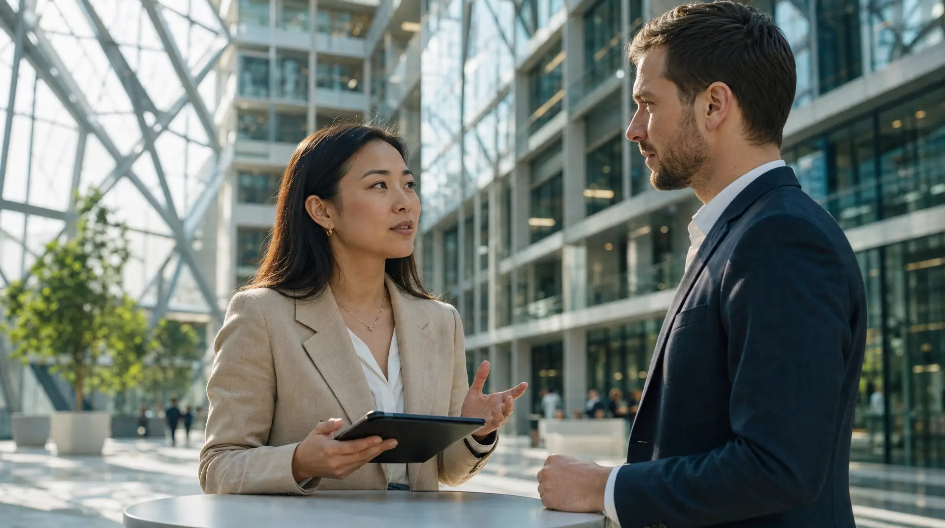 Business professionals discuss corporate compliance while a tablet is used during a compliance ai meeting in a modern glass office atrium.