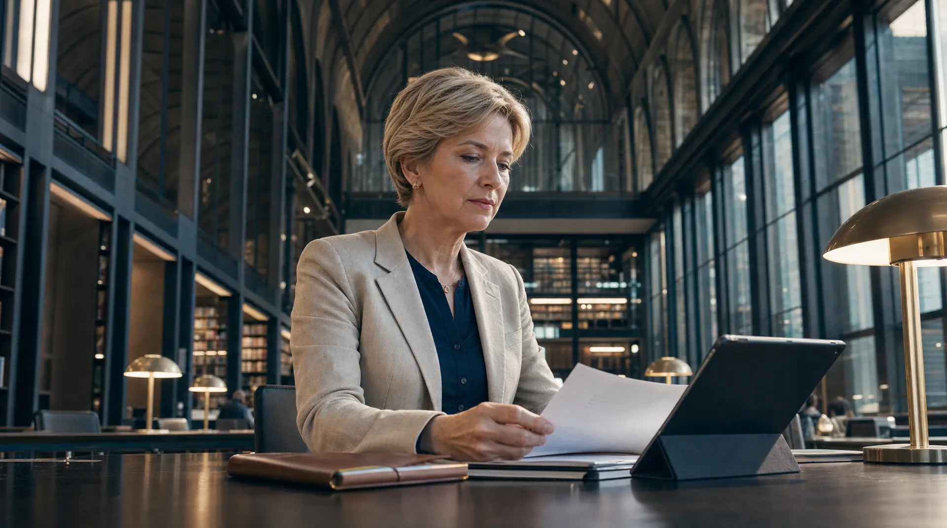 Professional in a modern corporate office reviews signed documents at a desk, supporting corporate compliance workflows.