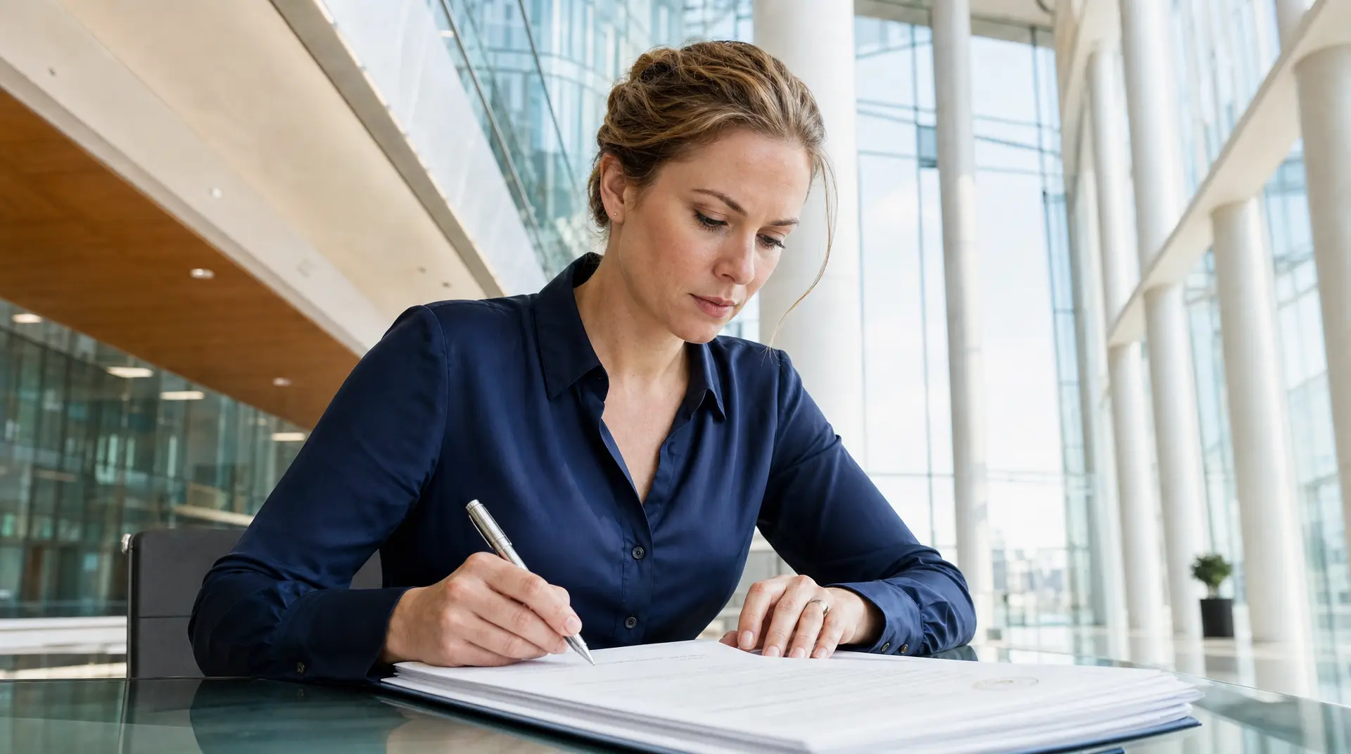 Professional woman signing corporate compliance documents at a desk while preparing annual filings in a bright glass office.