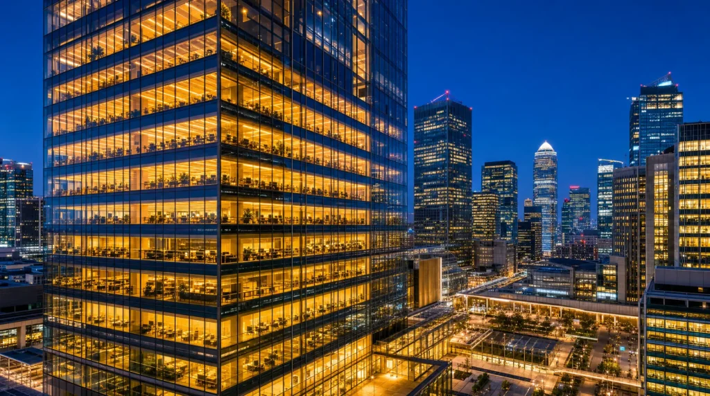 Skyscraper offices glow at dusk in a global expansion hub, reflecting corporate compliance readiness across business operations.