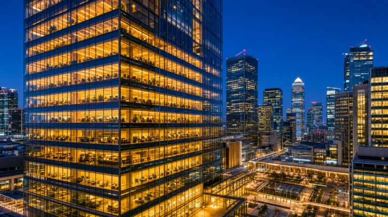 Skyscraper offices glow at dusk in a global expansion hub, reflecting corporate compliance readiness across business operations.