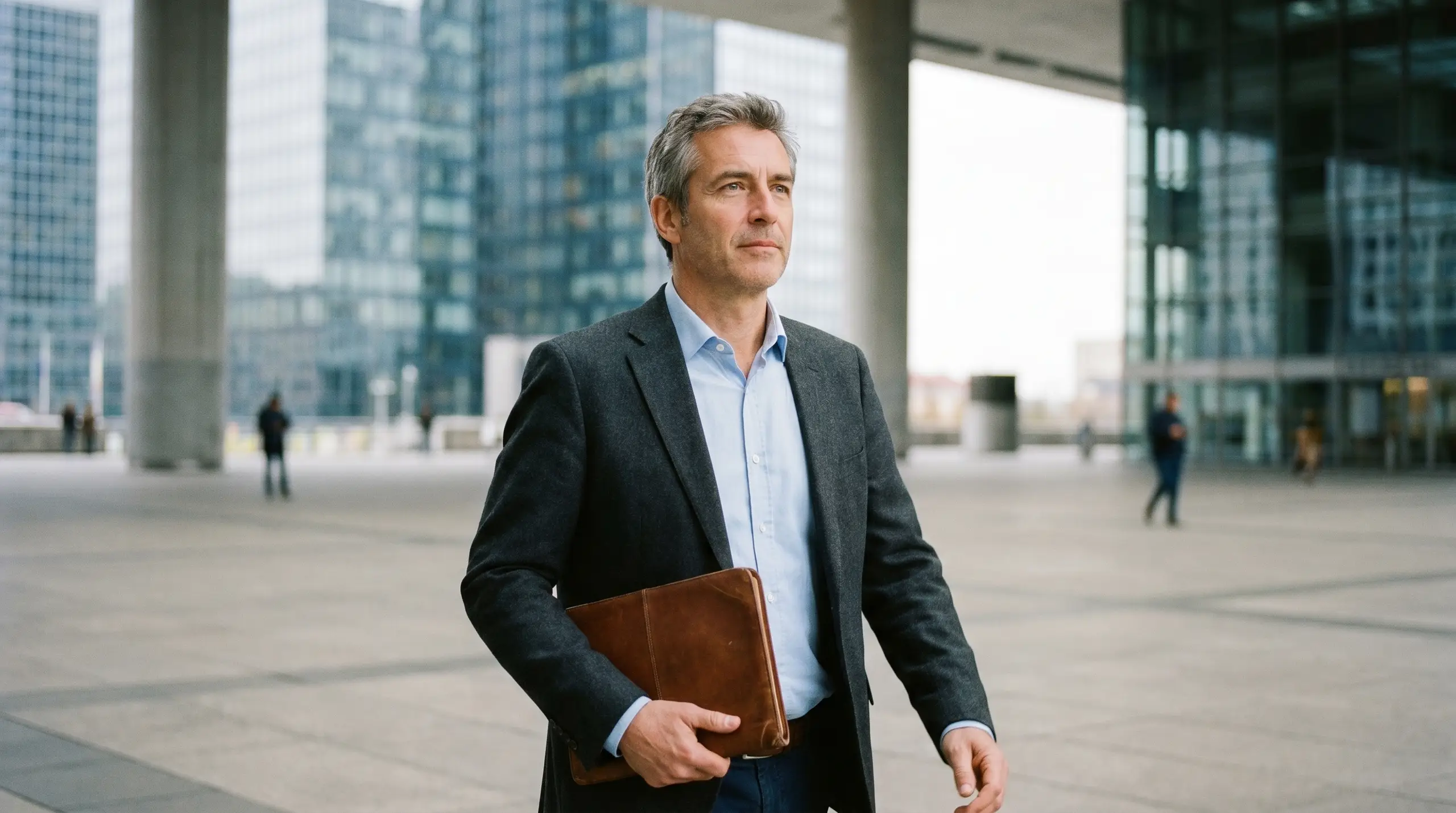 A middle-aged man with gray hair in a dark blazer and light blue shirt walks in a downtown plaza, holding a brown leather briefcase and looking to the side. Glass office towers fill the background with a few pedestrians far behind.